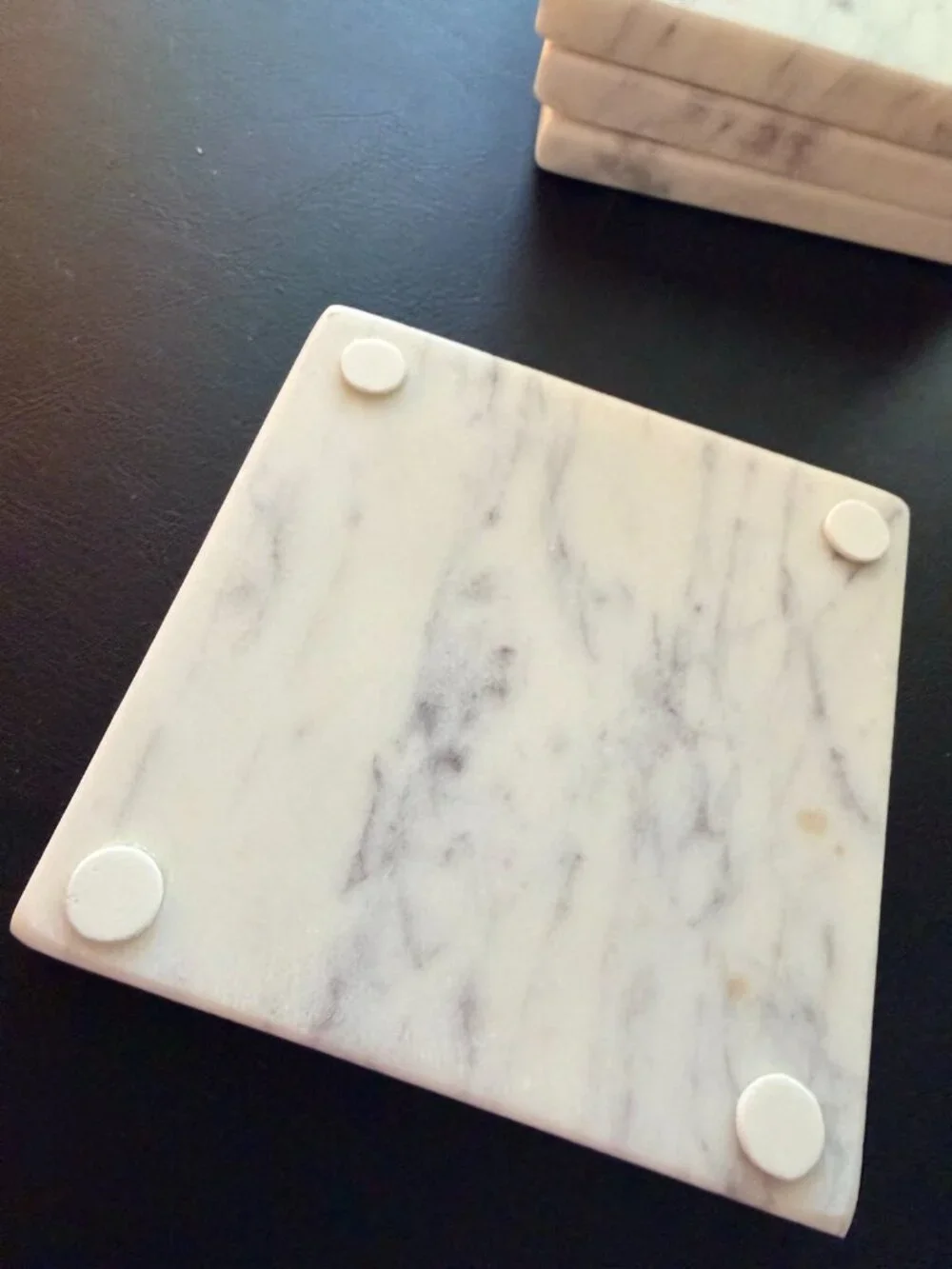 White Carrara Style Marble Square Coasters Set of 4 Gray Veining Padded Feet
